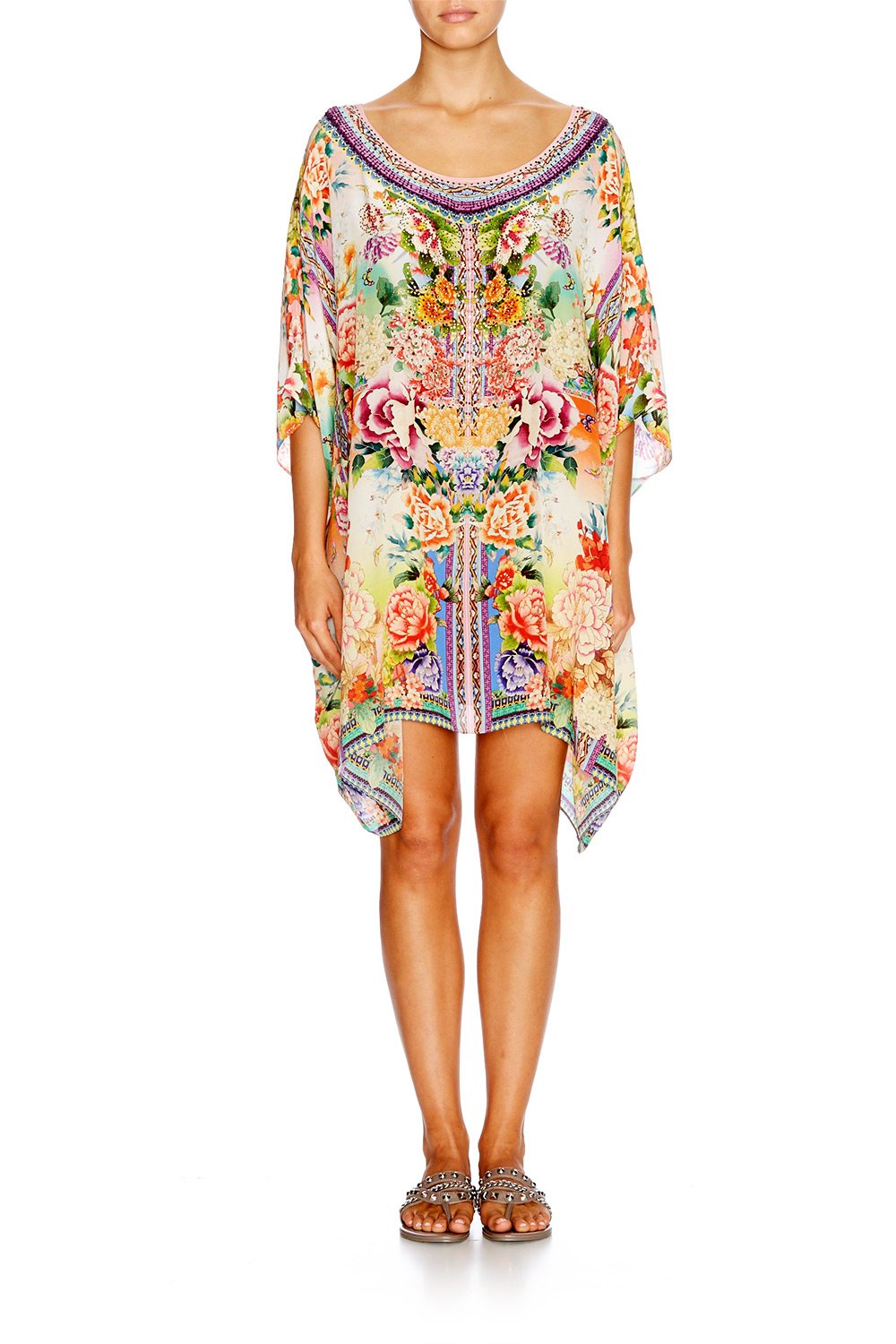 Resortwear-Mujeres CAMILLA Short round neck kaftan flower hour